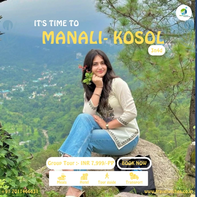 Manali travel package banner with a woman posing against scenic green mountains.