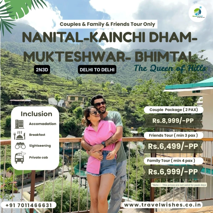 Nainital and Kainchi Dham tour package banner with traveller posing and green hills in the background